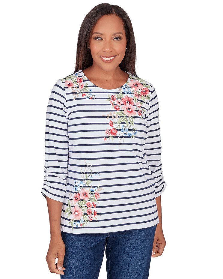 Alfred Dunner® A Fresh Start Ruched Sleeve Striped Floral Top image number 1