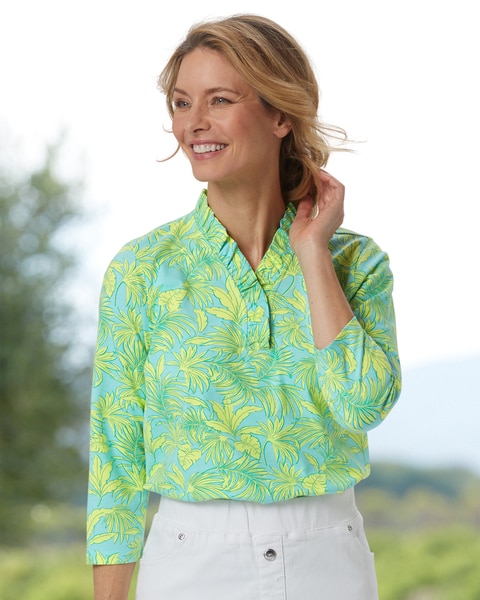 Palm-Leaf Ruffle-Neck Tee