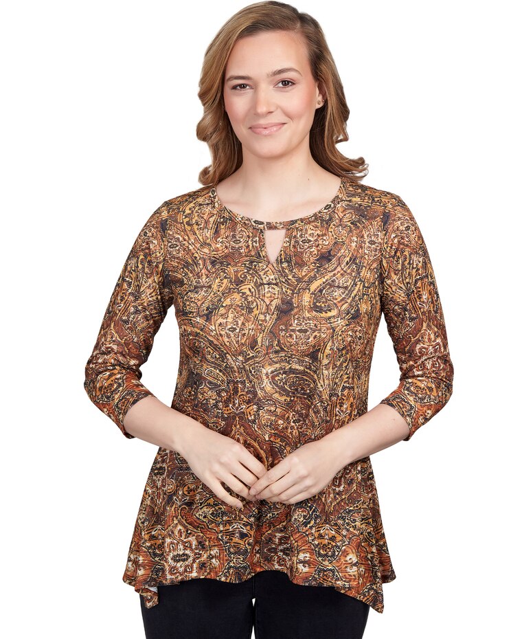 Ruby Rd® Keyhole Medallion Paisley Border Jersey Top image number 1