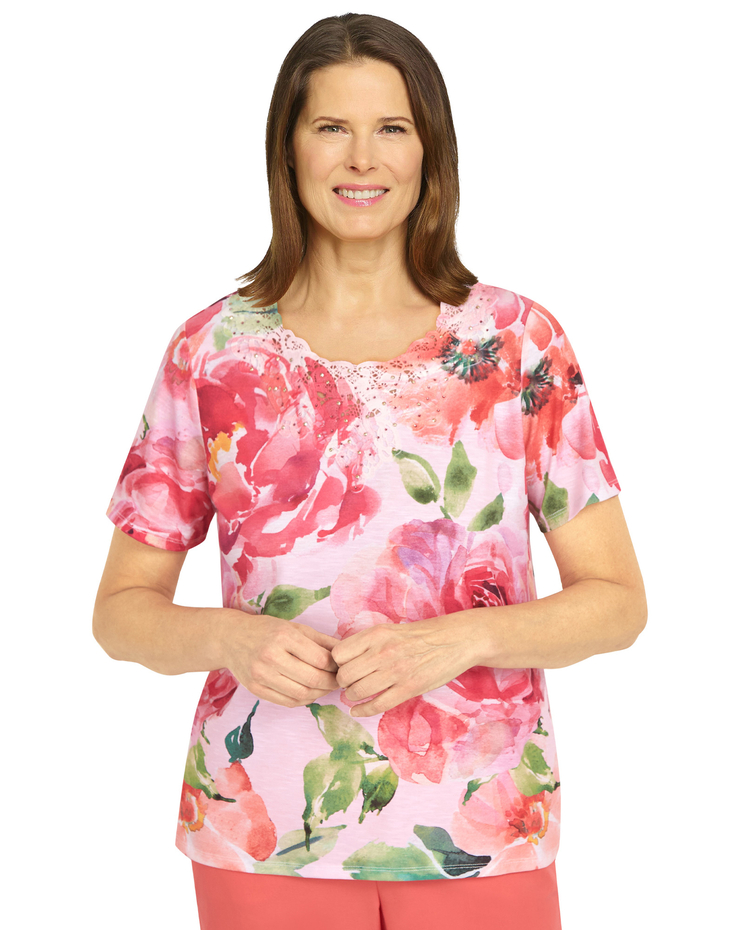 Alfred Dunner® Hot Flash Lace Neck Floral Tee image number 1