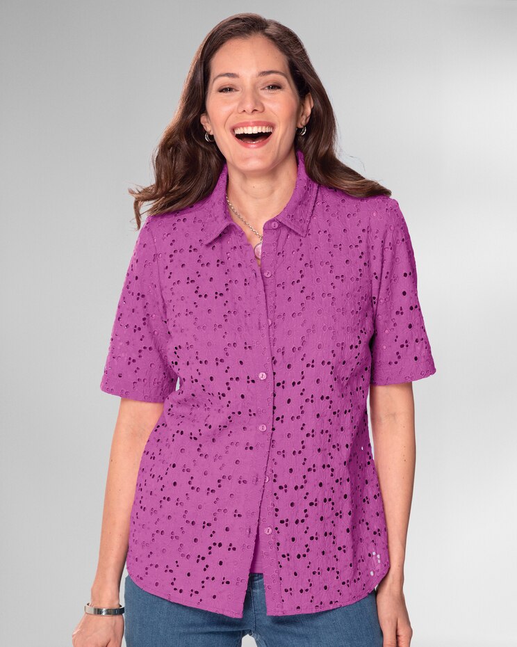 Cotton Eyelet Elbow-Sleeve Shirt image number 1