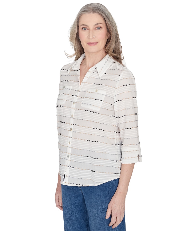 Alfred Dunner® Classics Classic Biadere Button Down Top With Front Pockets image number 3