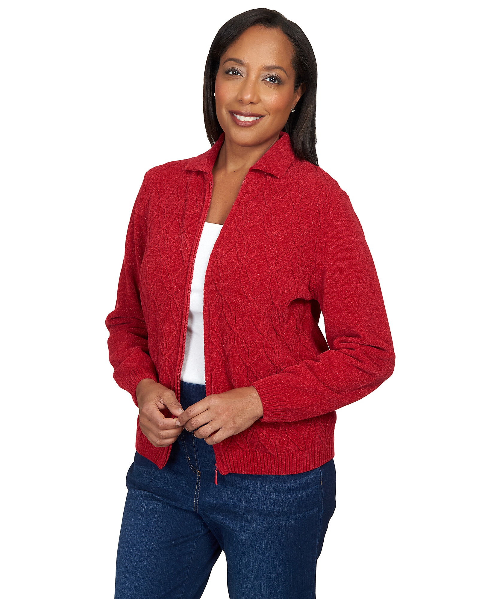 Alfred dunner chenille zip cardigan sweater online