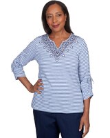 Alfred Dunner® Lavender Fields Stripe Geo Embroidered Split Neck Top thumbnail number 1