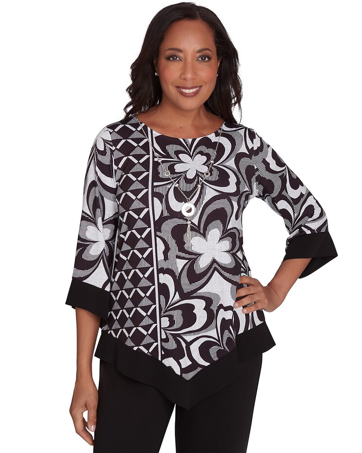 Alfred Dunner® Runway Ready Floral Geometric Top with a Contrast Trim with a Detachable Necklace image number 1