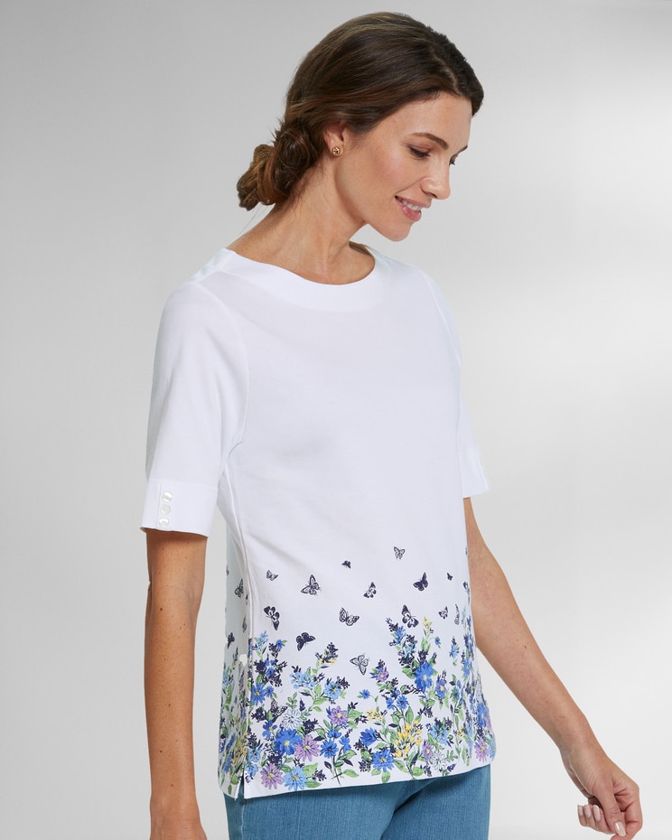 Limited-Edition Essential Cotton Floral Border Elbow-Sleeve Tee image number 1