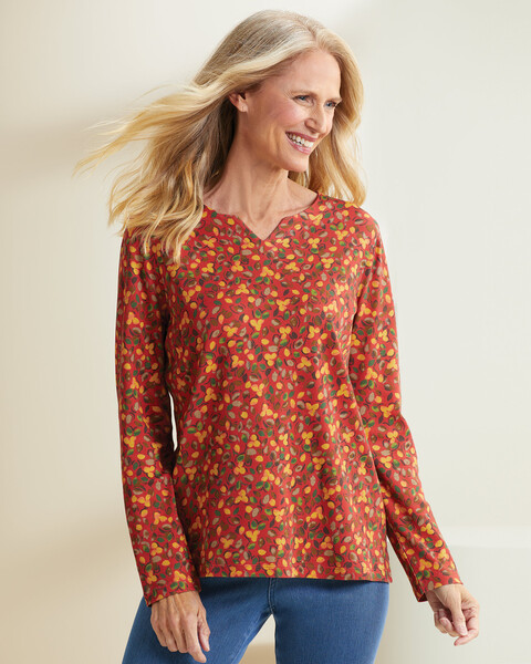 Essential Cotton Lovely Leaves Notch-Neck Tee
