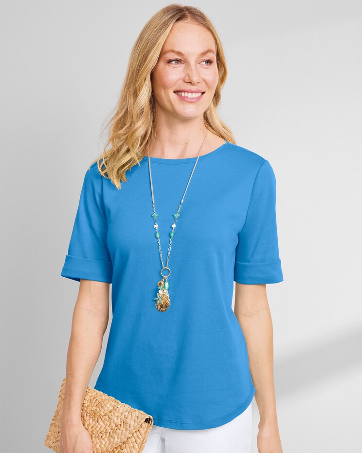 Essential Cotton Solid Elbow-Sleeve Tee  image number 1