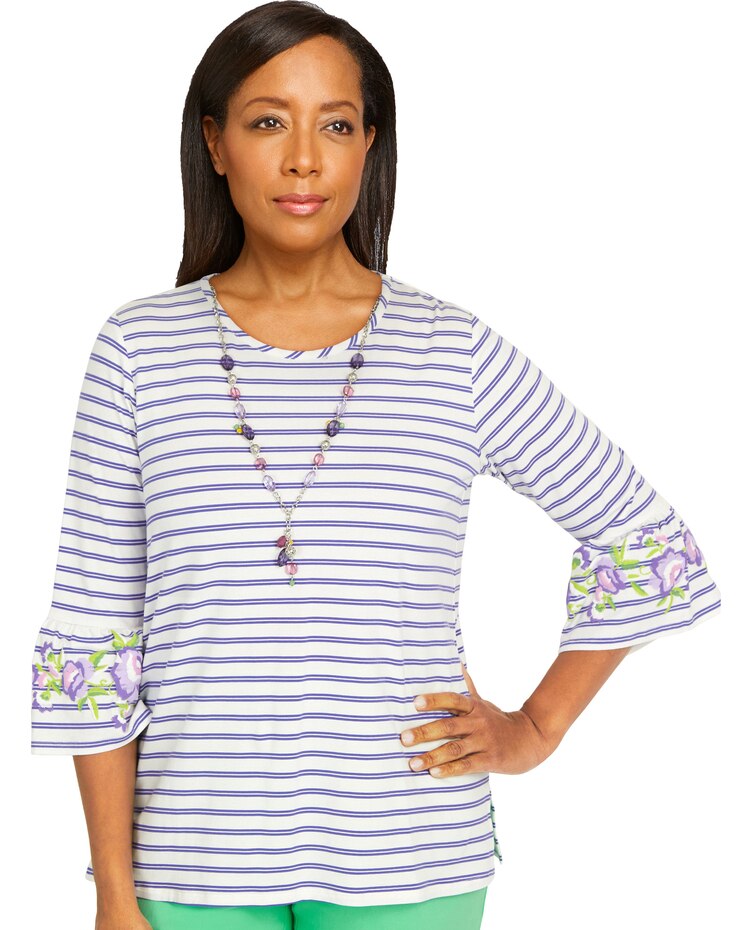 Alfred Dunner® Tropic Zone Striped Bell Sleeve Top with Necklace image number 1
