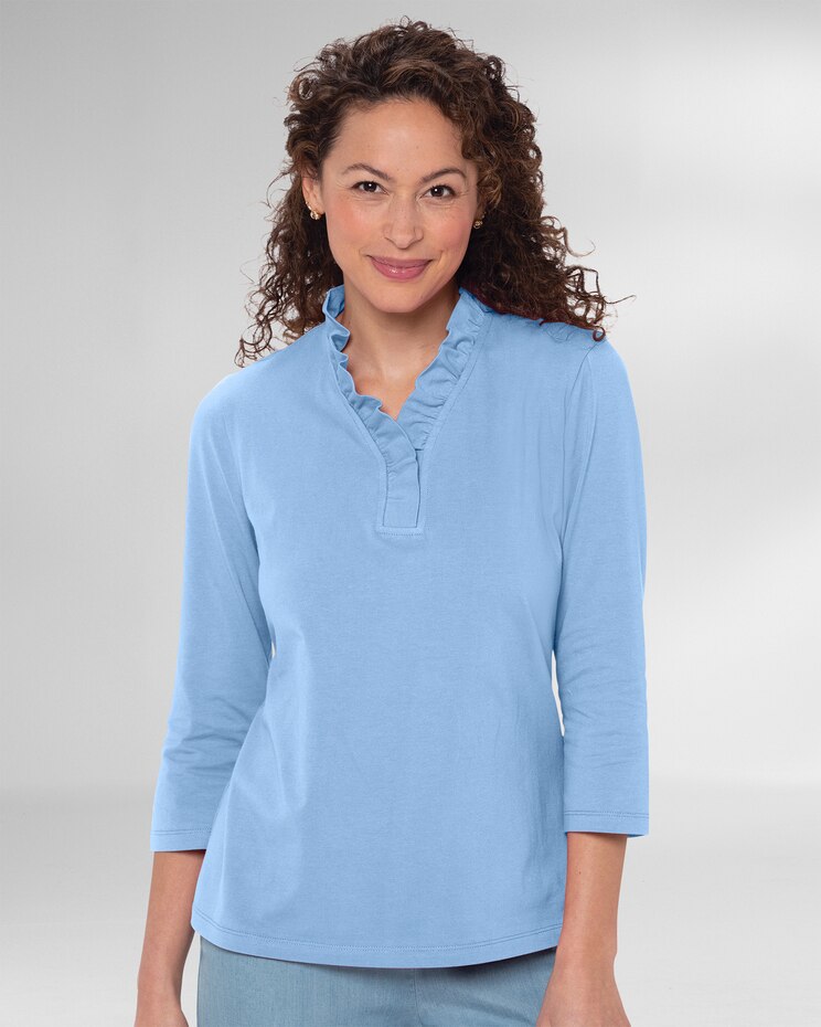 Prima™ Cotton Three-Quarter Sleeve Solid Ruffle-Neck Tee image number 1