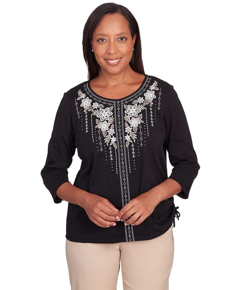 Alfred Dunner® Neutral Territory Embroidered Floral Side Tie Top image number 1