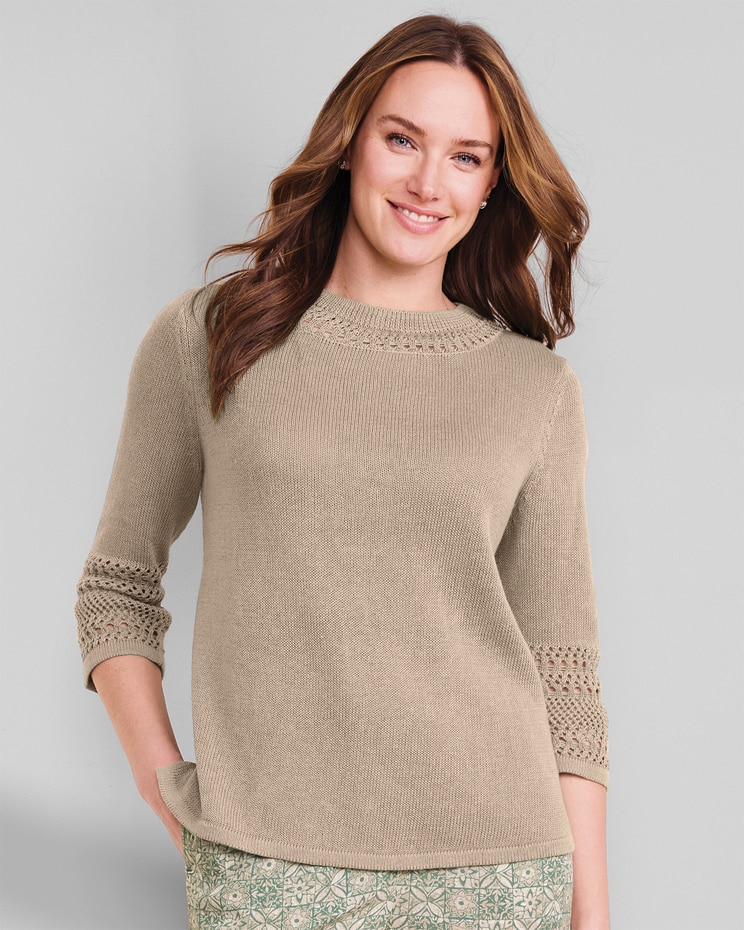 Linen/Cotton Crochet-Trim Pullover  image number 2