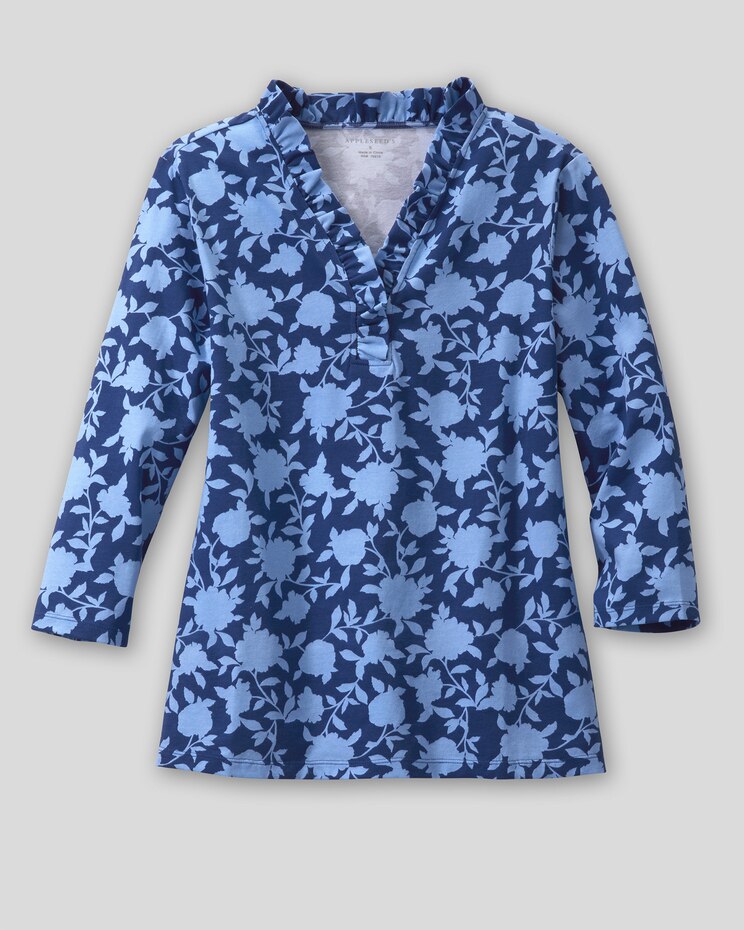 Silhouetted Floral-Print Ruffle-Neck Tee image number 3
