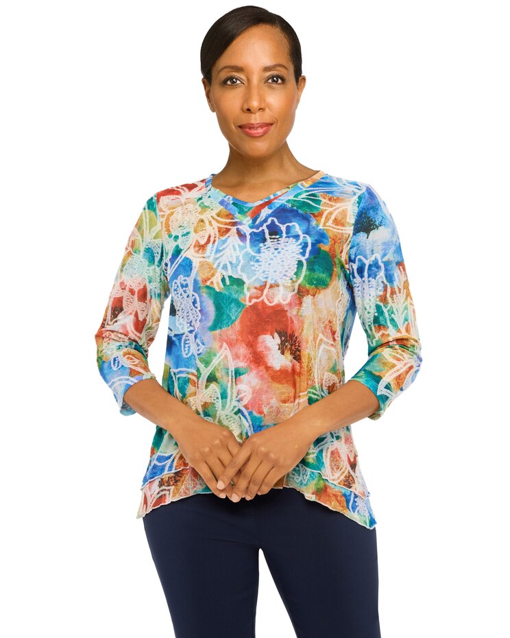 Alfred Dunner® Moody Blues Moody Watercolor Floral V-Neck Top image number 1