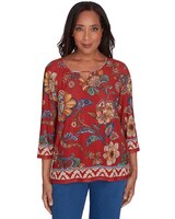 Alfred Dunner® Harvest Moon Floral Border Mesh Split Neck Top thumbnail number 1