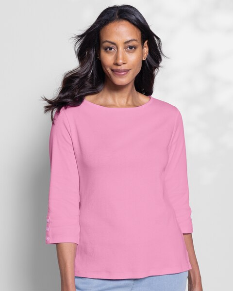 Coastal Cotton Three-Quarter-Sleeve Solid Bateau-Neck Tee
