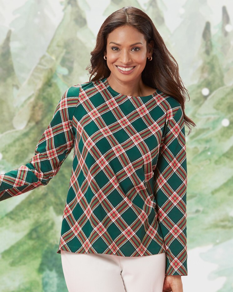 Essential Cotton Plaid-Print Jewelneck Tee image number 1