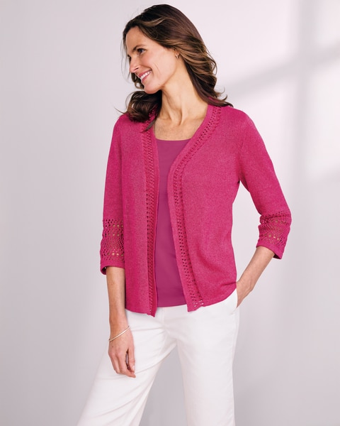 Linen/Cotton Crochet-Trim Cardigan & Prima Cotton Solid Two-Way Tank
