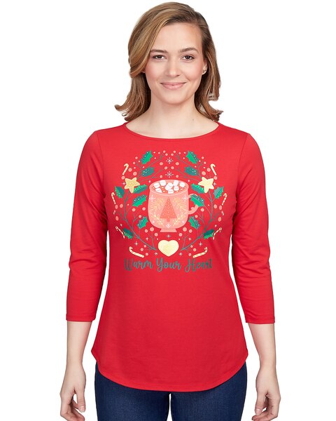 Ruby Rd® Warm Your Heart Holiday Three-Quarter Sleeve Tee