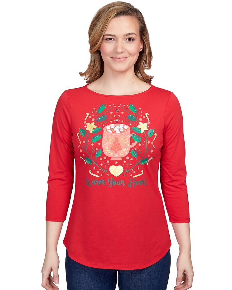 Ruby Rd® Warm Your Heart Holiday Three-Quarter Sleeve Tee image number 1