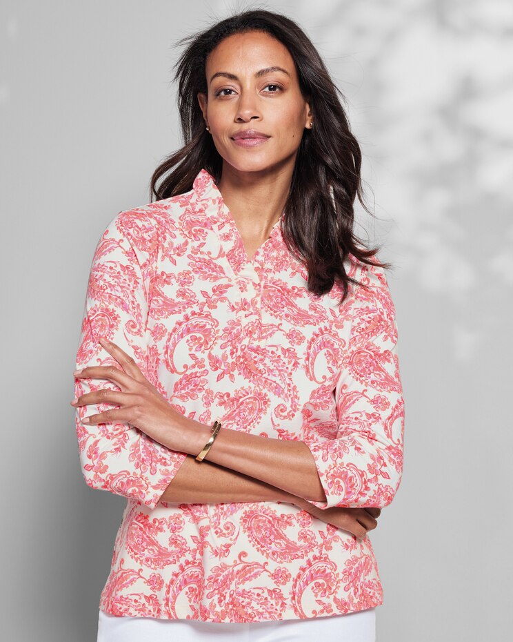 Prima™ Cotton Paisley Print Ruffle-Neck Tee image number 1