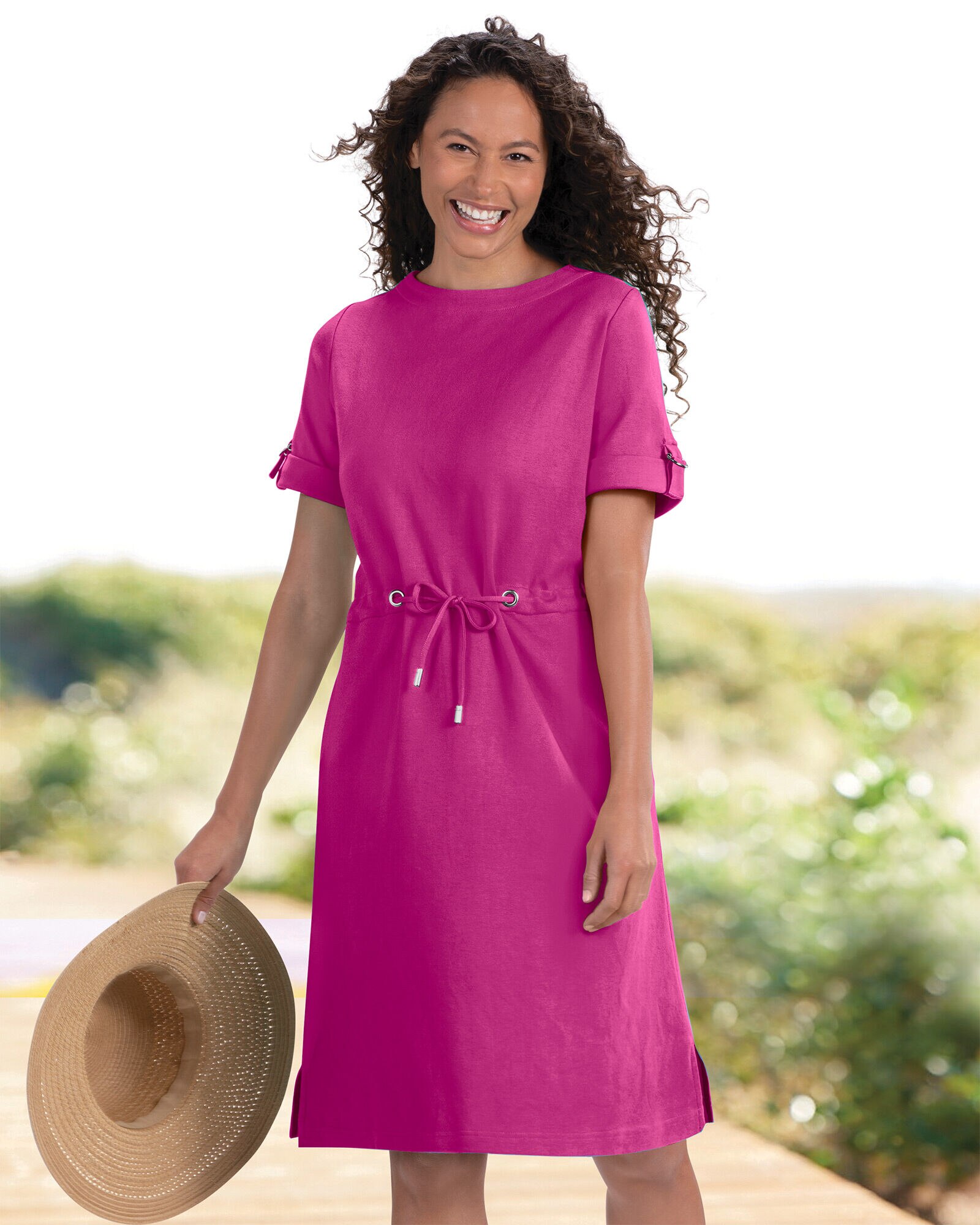 Solid Knit Drawstring Waist Dress