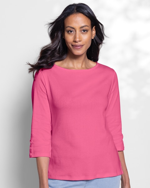 Coastal Cotton Three-Quarter-Sleeve Solid Bateau-Neck Tee