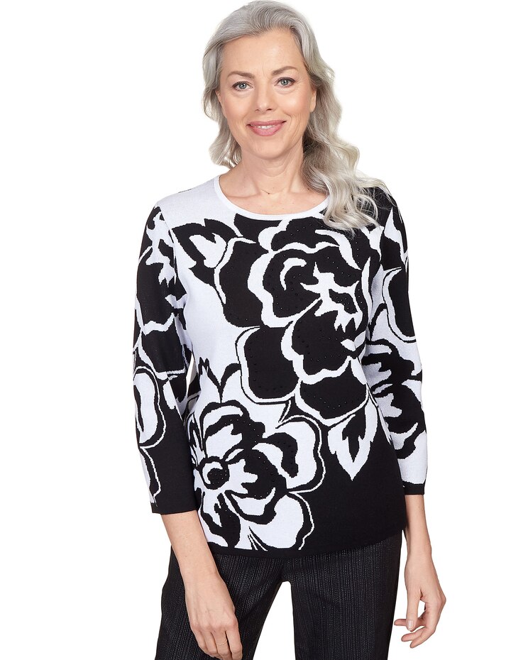 Alfred Dunner® World Traveler Drama Floral Jacquard Crew Neck Sweater image number 1