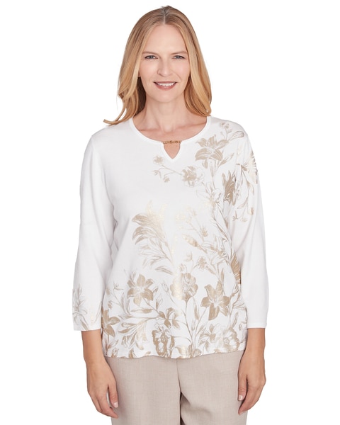Alfred Dunner® Kensington Gardens Split Neck Botanical Gold Foil Print Sweater