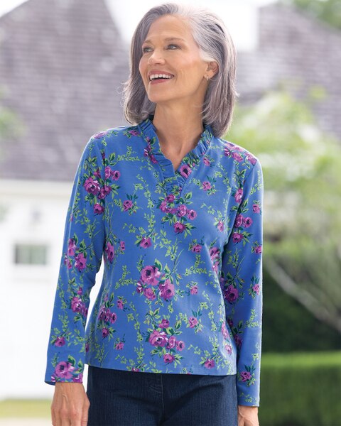 English Rose Long-Sleeve Ruffle-Neck Tee