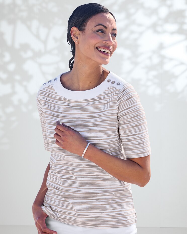 Prima™ Cotton Brushstroke Stripe Button-Trim Bateau Tee image number 1