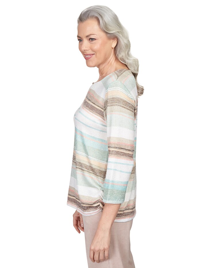 Alfred Dunner® St.Moritz Split Neck Watercolor Stripe Shimmer Top image number 4