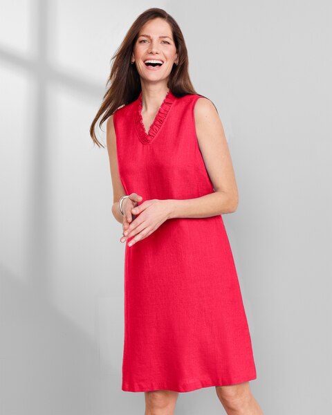 Linen-Blend Ruffle-Neck Dress