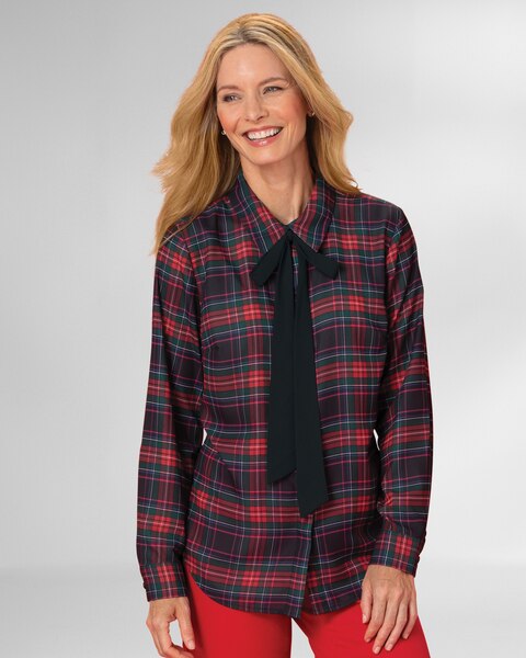 Tie-Neck Tartan Blouse