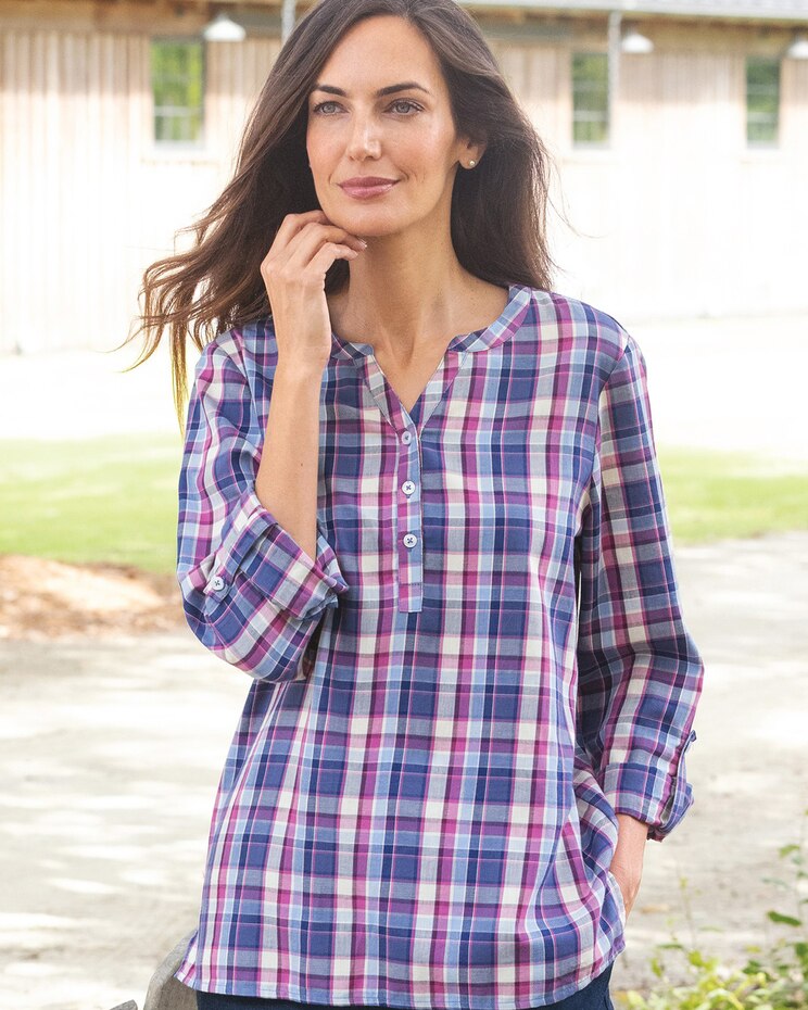 Cotton Plaid Y-Neck Popover image number 1