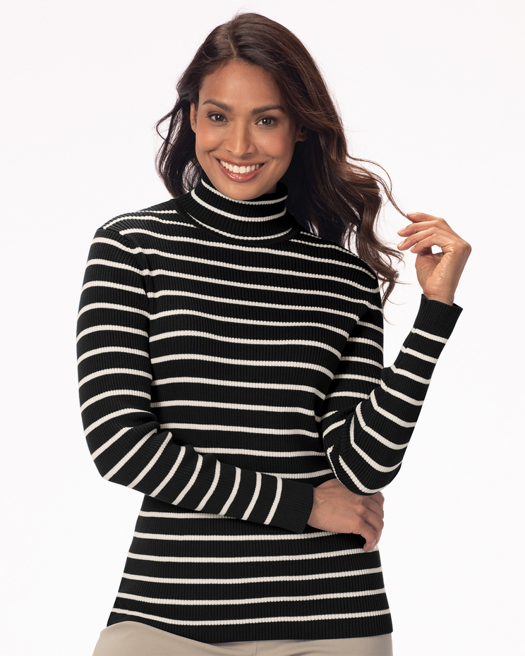 Striped Ribbed Cotton Turtleneck Sweater image number 1