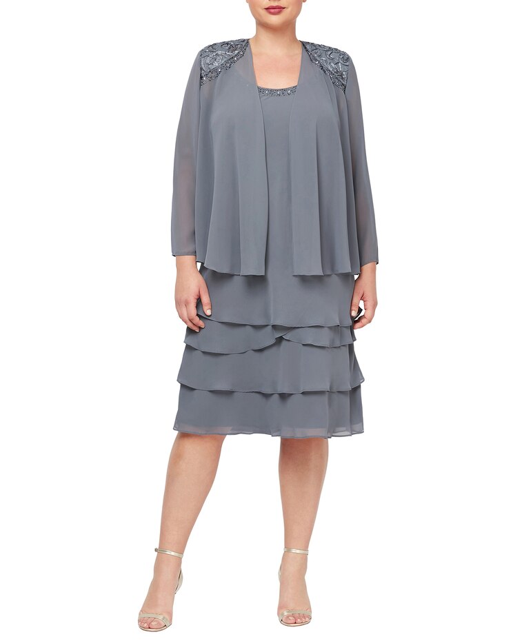 S.L. Fashions Lace Shoulder Beaded Tier Jacket Dress image number 5