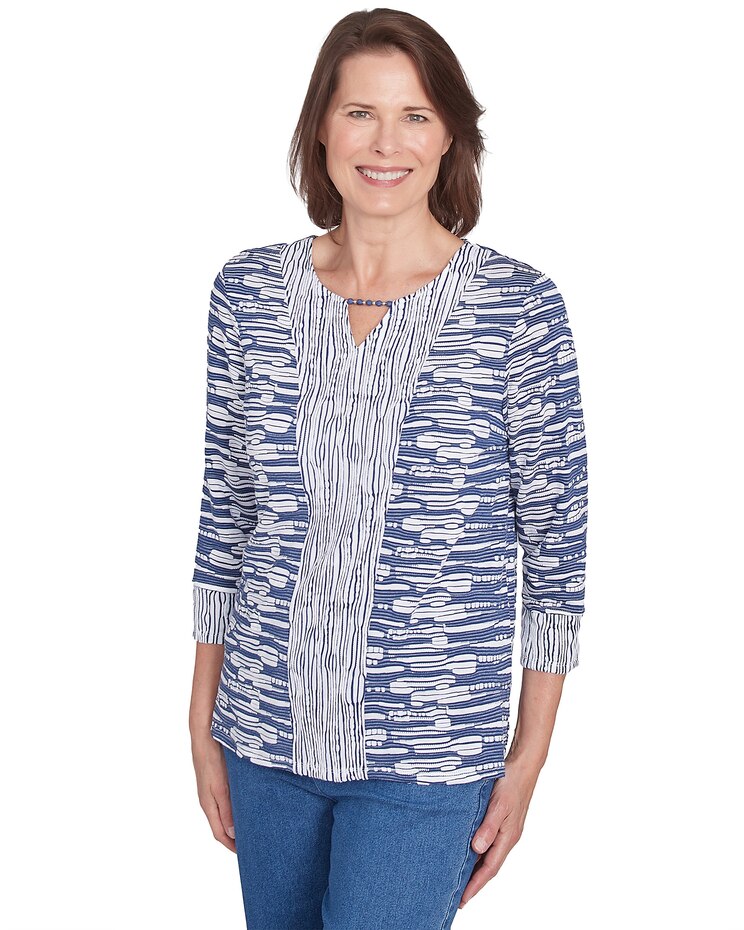 Alfred Dunner® Lake Victoria Split Neck Spliced Blue Top image number 3