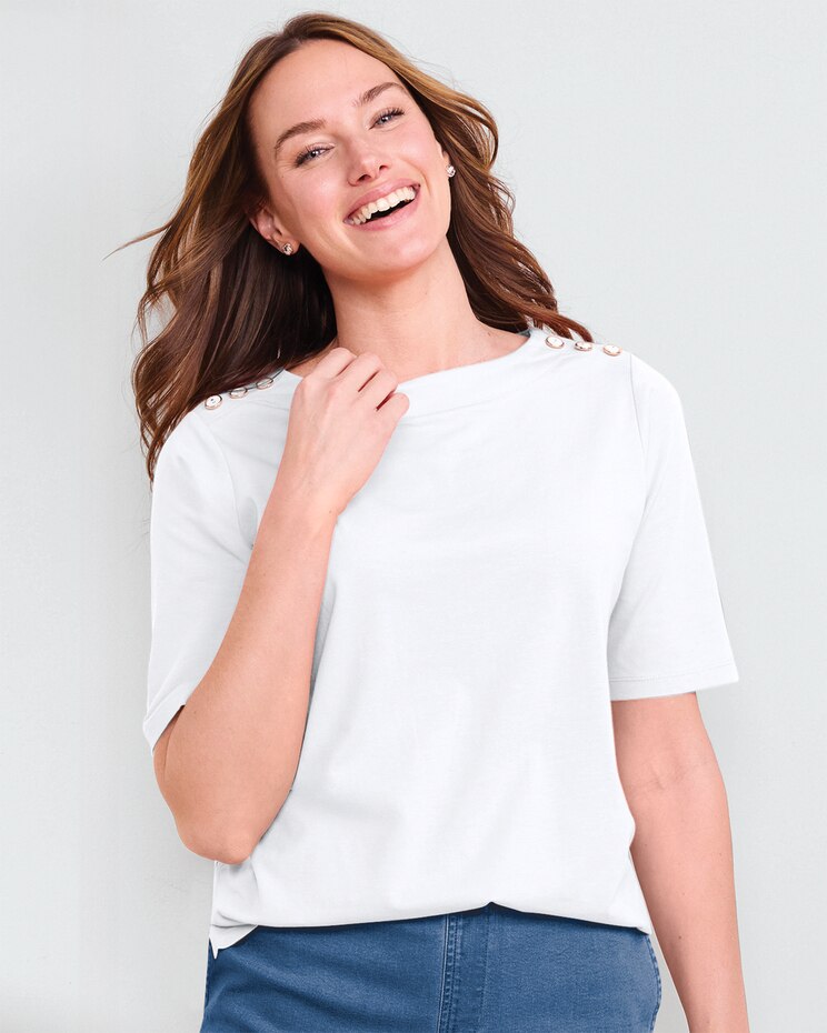 Prima™ Cotton Solid Button-Trim Bateau Tee image number 1