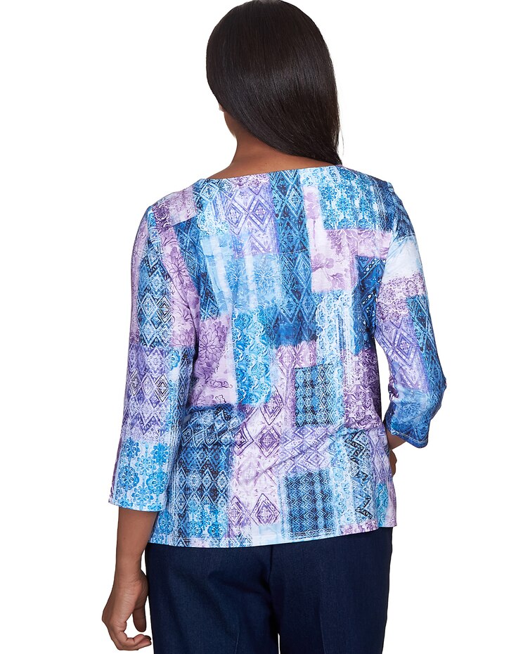 Alfred Dunner® Lavender Fields Patchwork Lace Neck Top image number 2