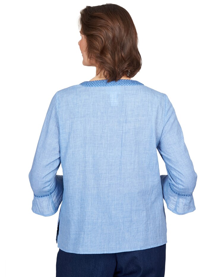 Alfred Dunner® Moody Blues Scroll Center Embroidery V-Neck Top image number 2