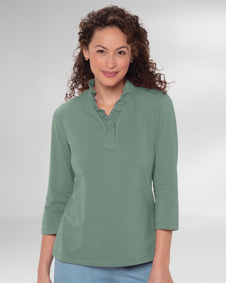 Prima™ Cotton Three-Quarter Sleeve Solid Ruffle-Neck Tee image number 1