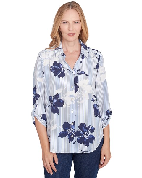 Alfred Dunner® Classics Striped Flower Button Front Tie Sleeve Blouse