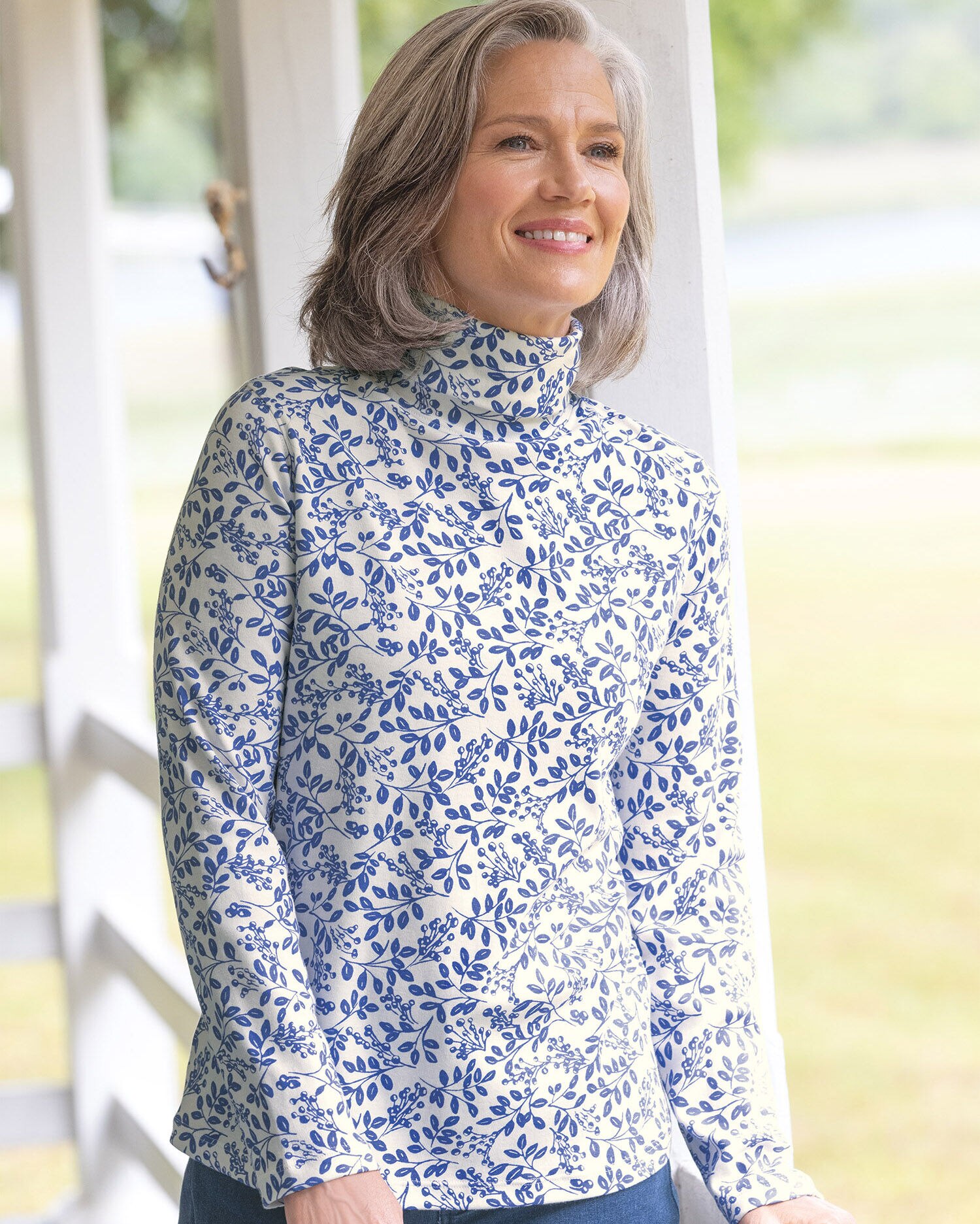 Essential Cotton Leaf Berries Print Turtleneck