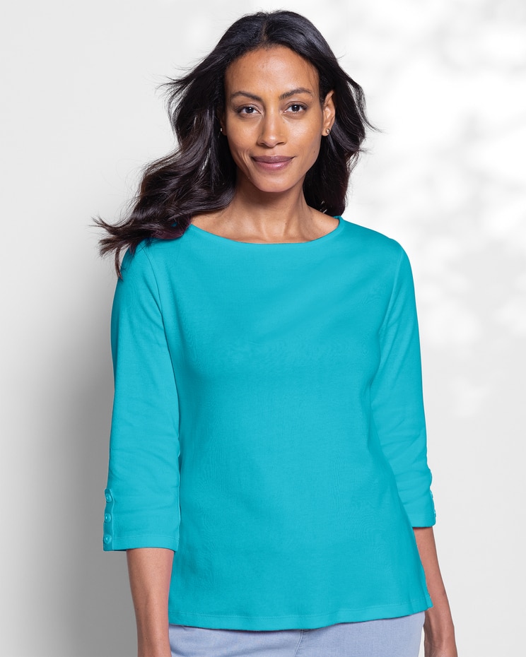 Coastal Cotton Three-Quarter-Sleeve Solid Bateau-Neck Tee image number 1