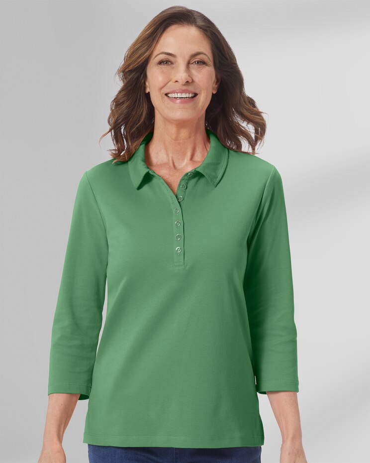 Essential Cotton Solid Three-Quarter-Sleeve Polo image number 1