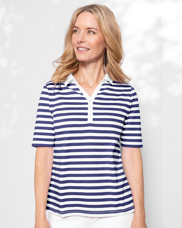 Essential Cotton Stripe Elbow-Sleeve Polo image number 1