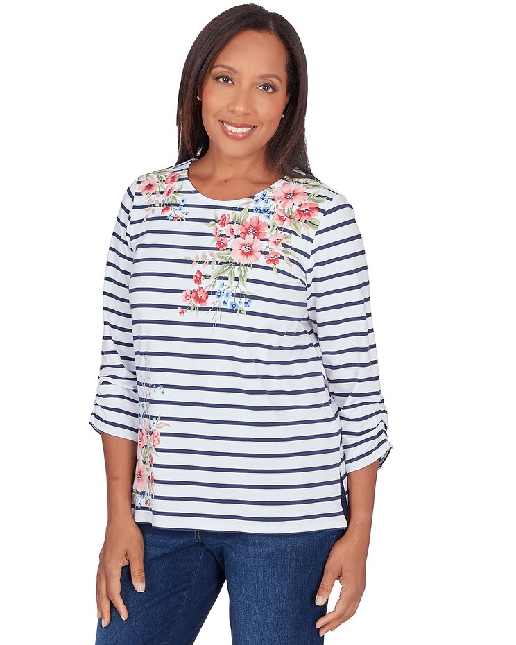 Alfred Dunner® A Fresh Start Ruched Sleeve Striped Floral Top image number 3