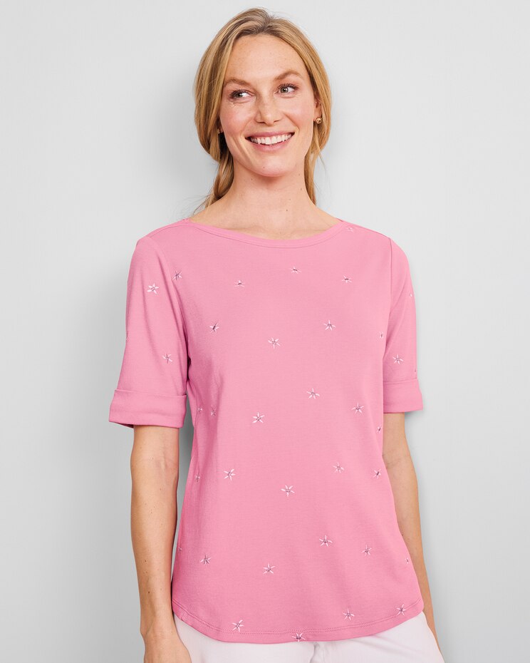 Essential Cotton Embroidered Elbow-Sleeve Tee  image number 1