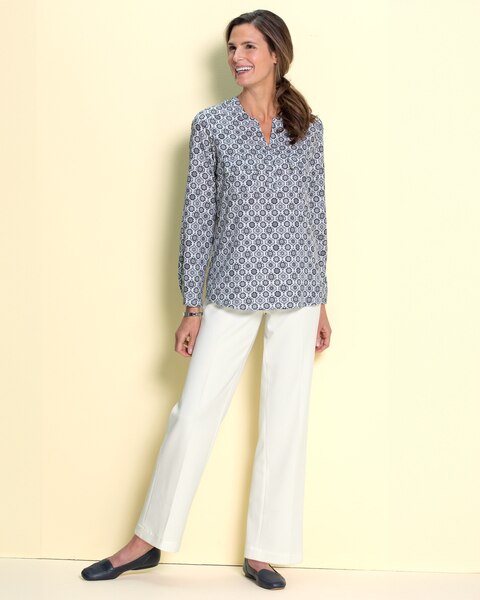 Silky Print Utility Blouse & Washable Gabardine Pants